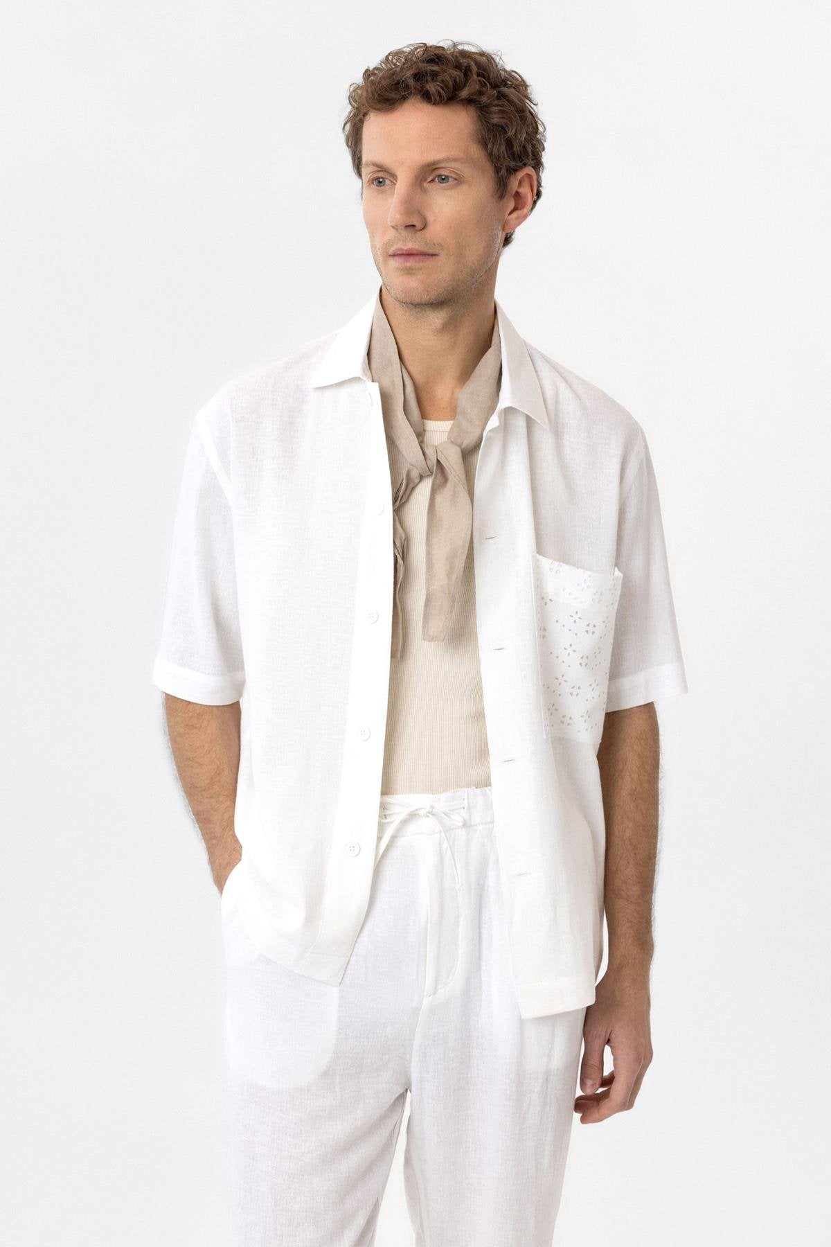 Antioch-Beyaz Keten Karışımlı Kısa Kollu Erkek Gömlek-Gömlek-2-Milagron.com
