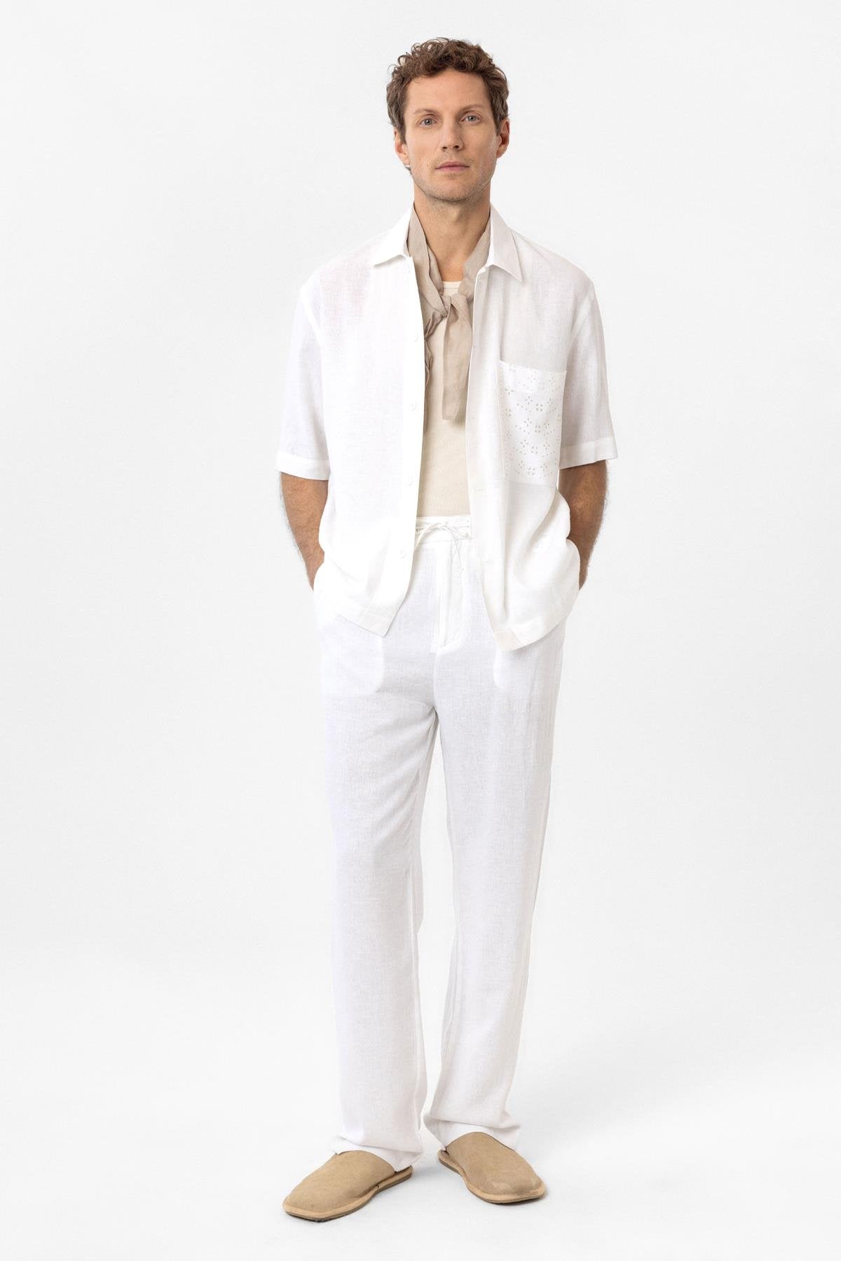 Antioch-Beyaz Keten Karışımlı Kısa Kollu Erkek Gömlek-Gömlek-3-Milagron.com
