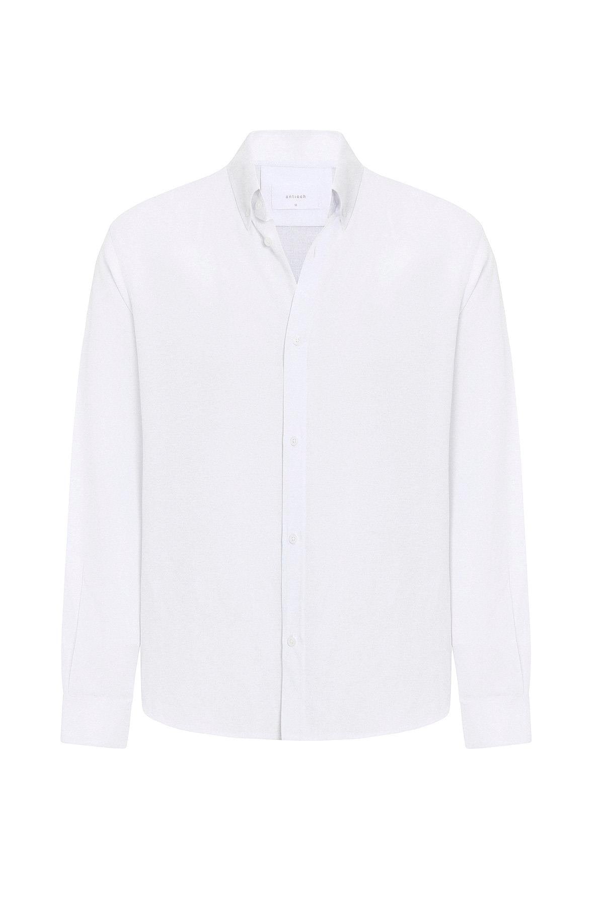 Antioch-Beyaz Keten Karışımlı Yaka Düğmeli Erkek Gömlek-Gömlek-6-Milagron.com