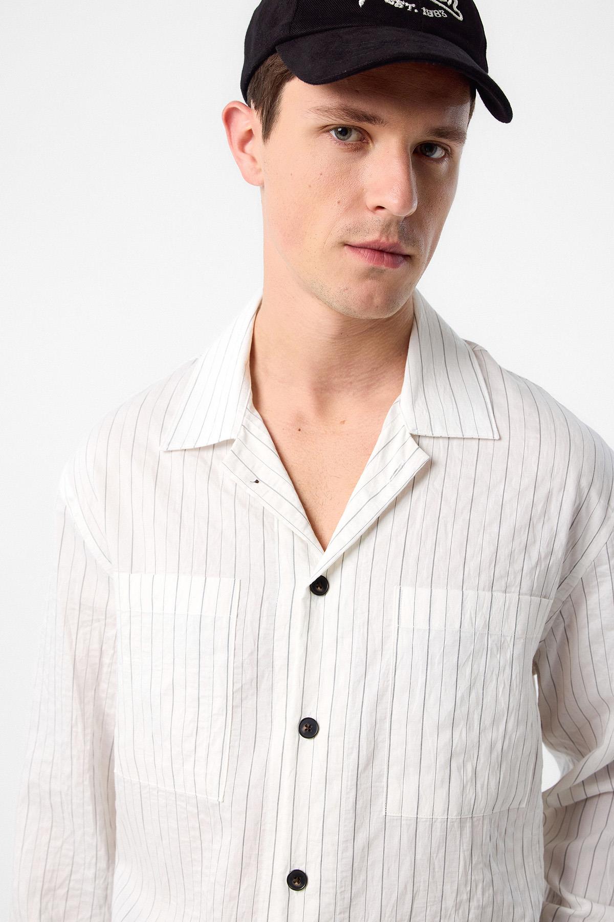 Antioch-Antioch Beyaz Modal Kumaş çizgili Erkek Gömlek-Gömlek-2-Milagron.com