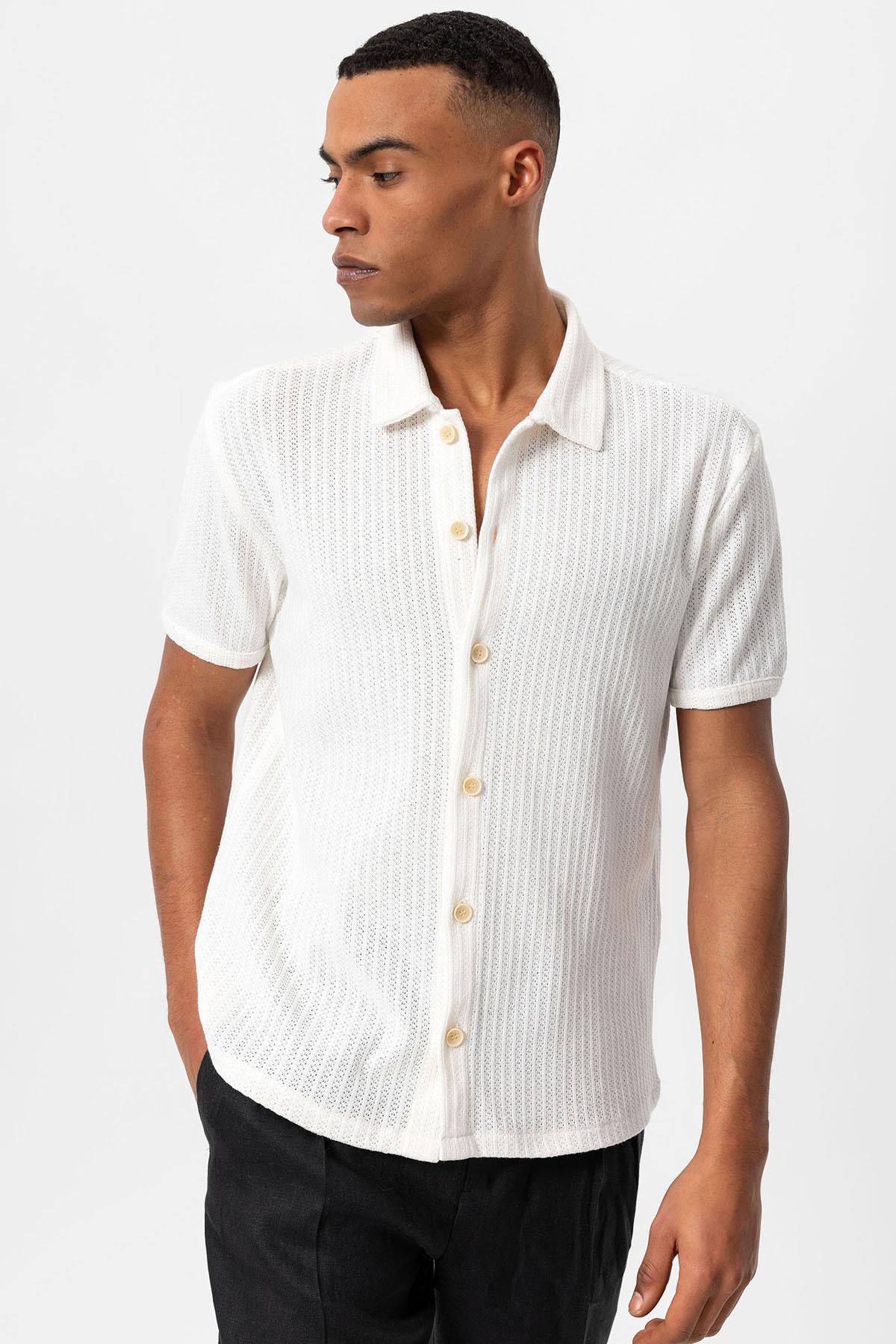 Antioch-Beyaz Polo Yaka Örme Kısa Kollu Erkek Gömlek-Gömlek-1-Milagron.com