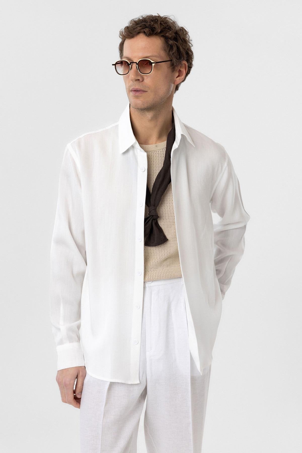 Antioch-Beyaz Relax Fit Liyosel Kumaş Erkek Gömlek-Gömlek-1-Milagron.com