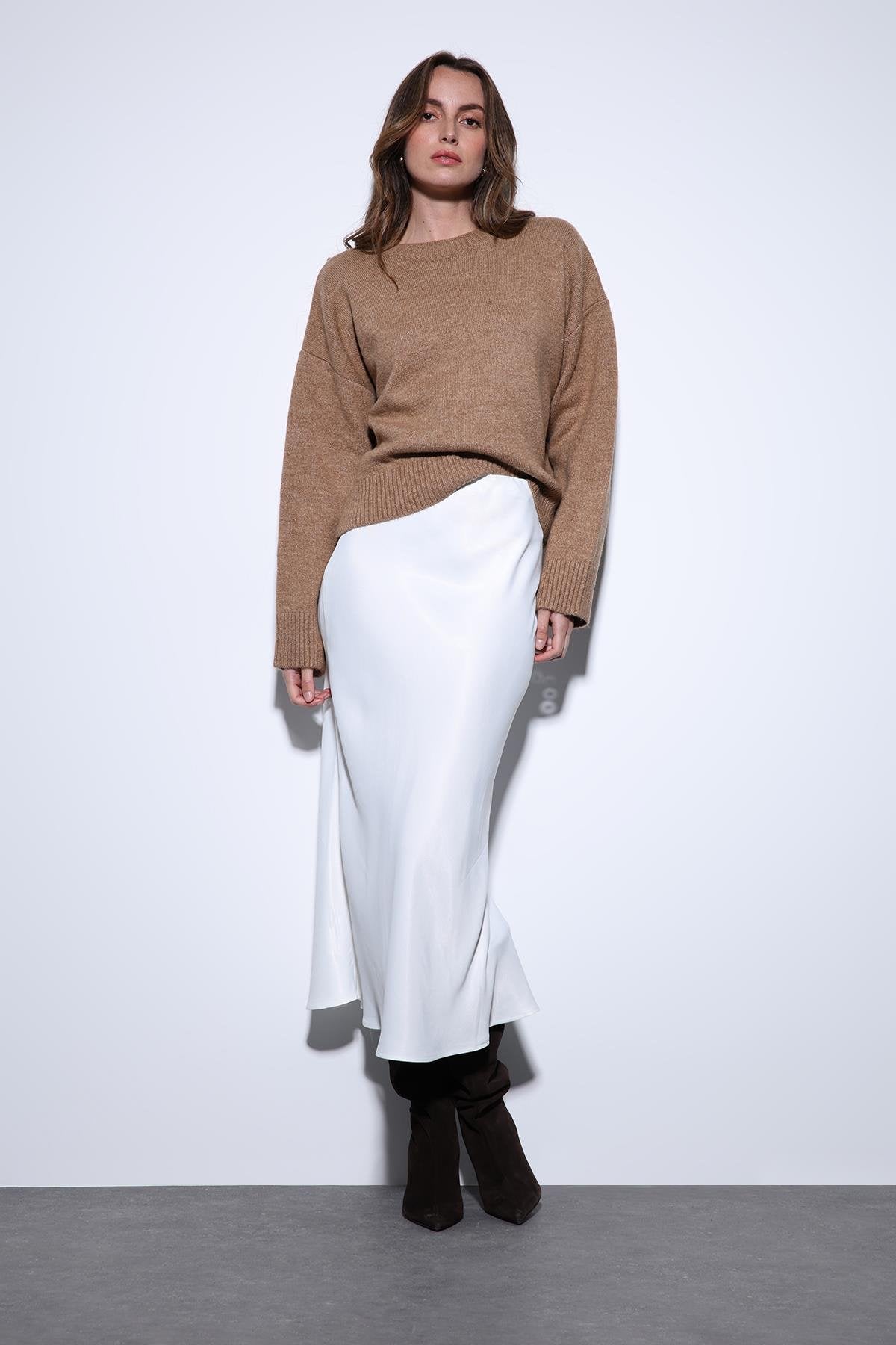 Antioch-Antioch Beyaz Saten Midi Etek-Etek-1-Milagron.com