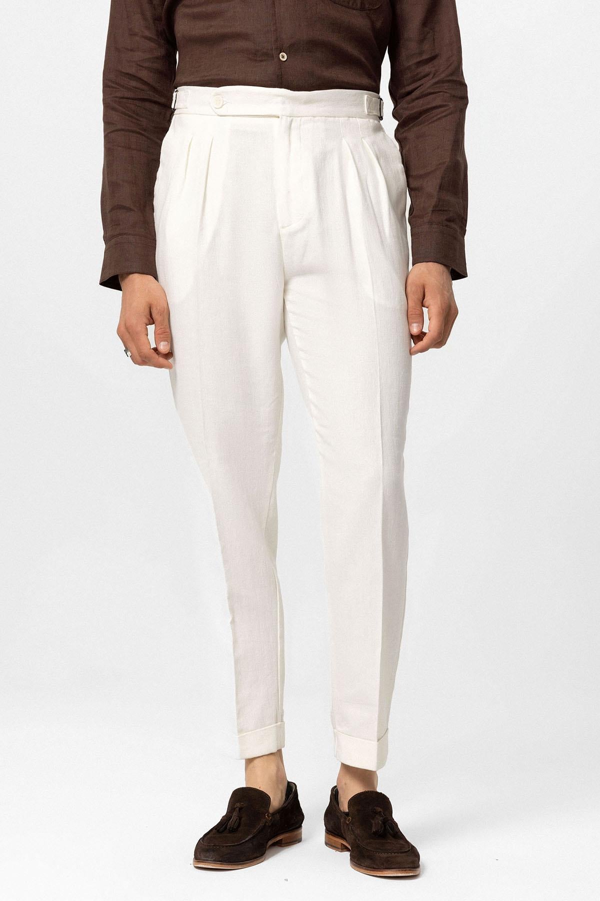 Antioch-Beyaz Yüksek Bel Keten Karışımlı Duble Paça Erkek Pantolon-Pantolon-1-Milagron.com
