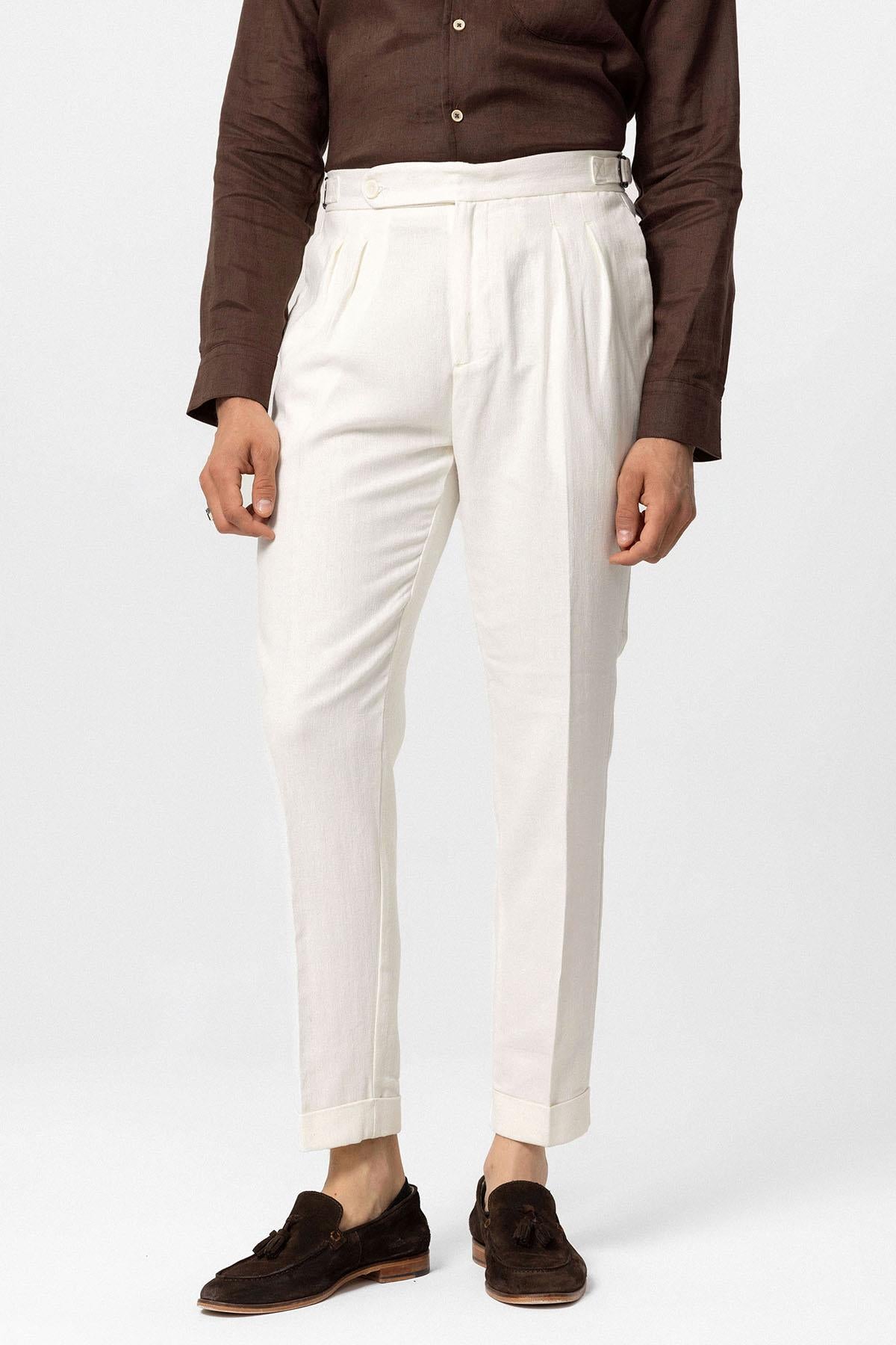 Antioch-Beyaz Yüksek Bel Keten Karışımlı Duble Paça Erkek Pantolon-Pantolon-2-Milagron.com