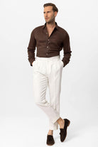 Antioch-Beyaz Yüksek Bel Keten Karışımlı Duble Paça Erkek Pantolon-Pantolon-3-Milagron.com