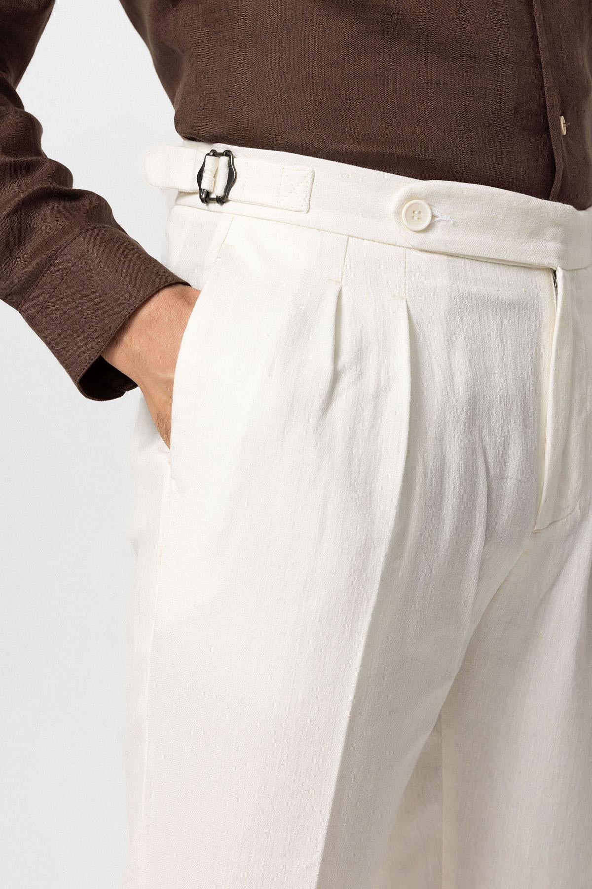 Antioch-Beyaz Yüksek Bel Keten Karışımlı Duble Paça Erkek Pantolon-Pantolon-4-Milagron.com