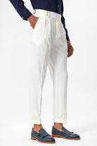 Antioch-Beyaz Yüksek Bel Pileli Dokulu Erkek Pantolon-Pantolon-4-Milagron.com