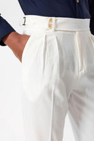 Antioch-Beyaz Yüksek Bel Pileli Dokulu Erkek Pantolon-Pantolon-5-Milagron.com