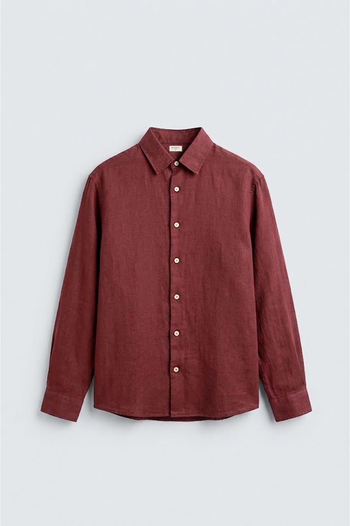 Antioch Bordo 100% Keten Relax Fit Erkek Gömlek
