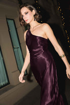 Antioch-Bordo Asimetrik Yaka Saten Uzun Elbise-Elbise-2-Milagron.com