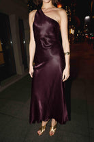 Antioch-Bordo Asimetrik Yaka Saten Uzun Elbise-Elbise-3-Milagron.com