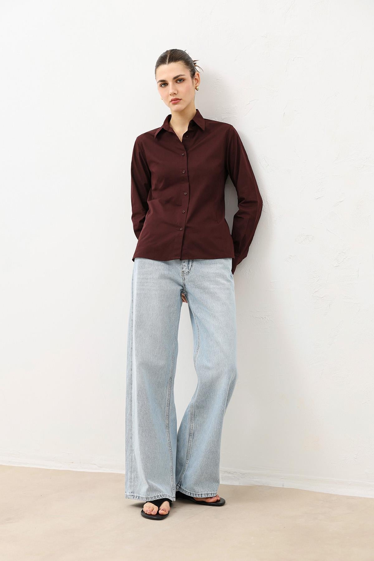 Antioch Bordo Basic Slim Fit Kadın Gömlek