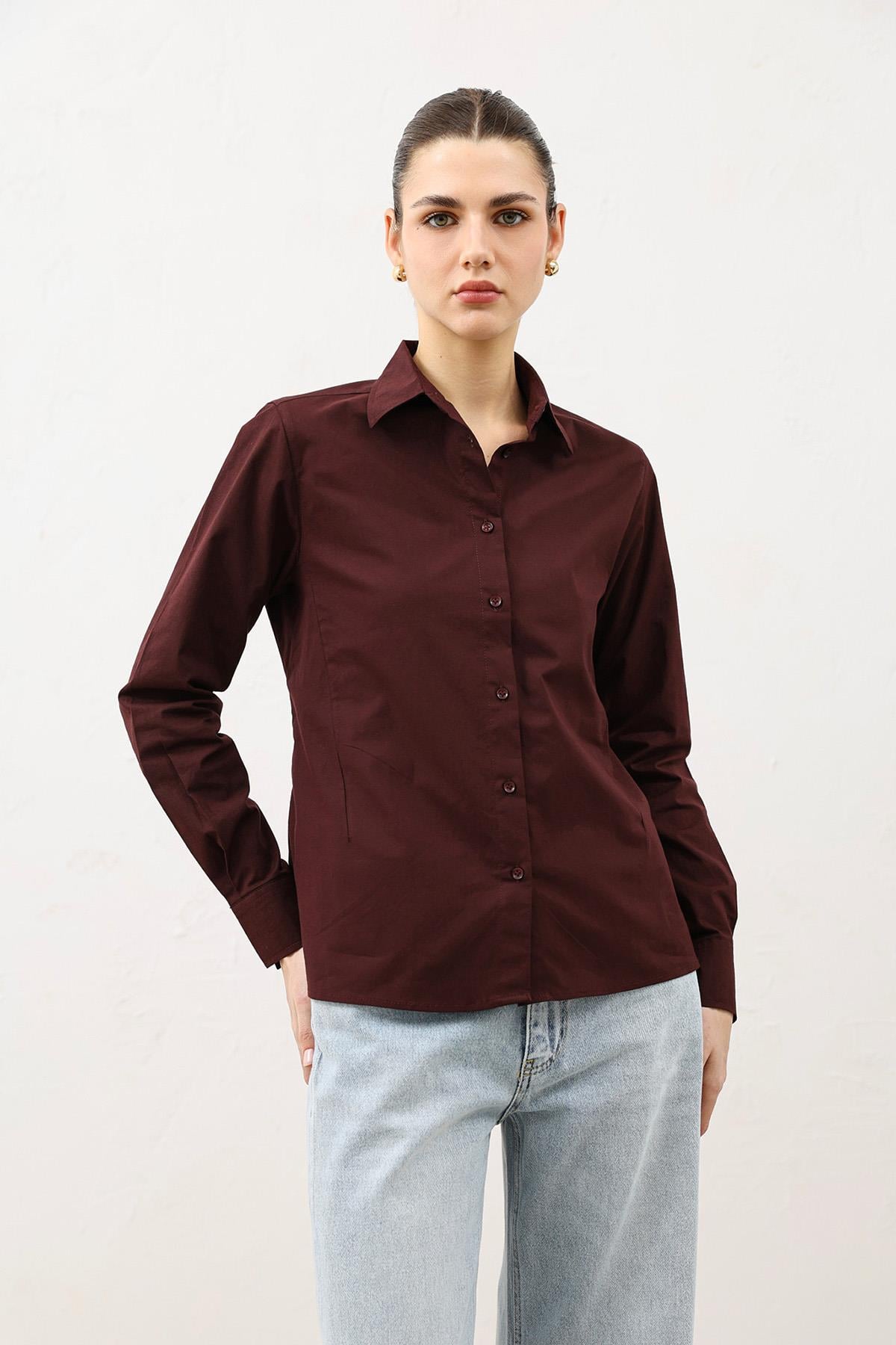 Antioch Bordo Basic Slim Fit Kadın Gömlek
