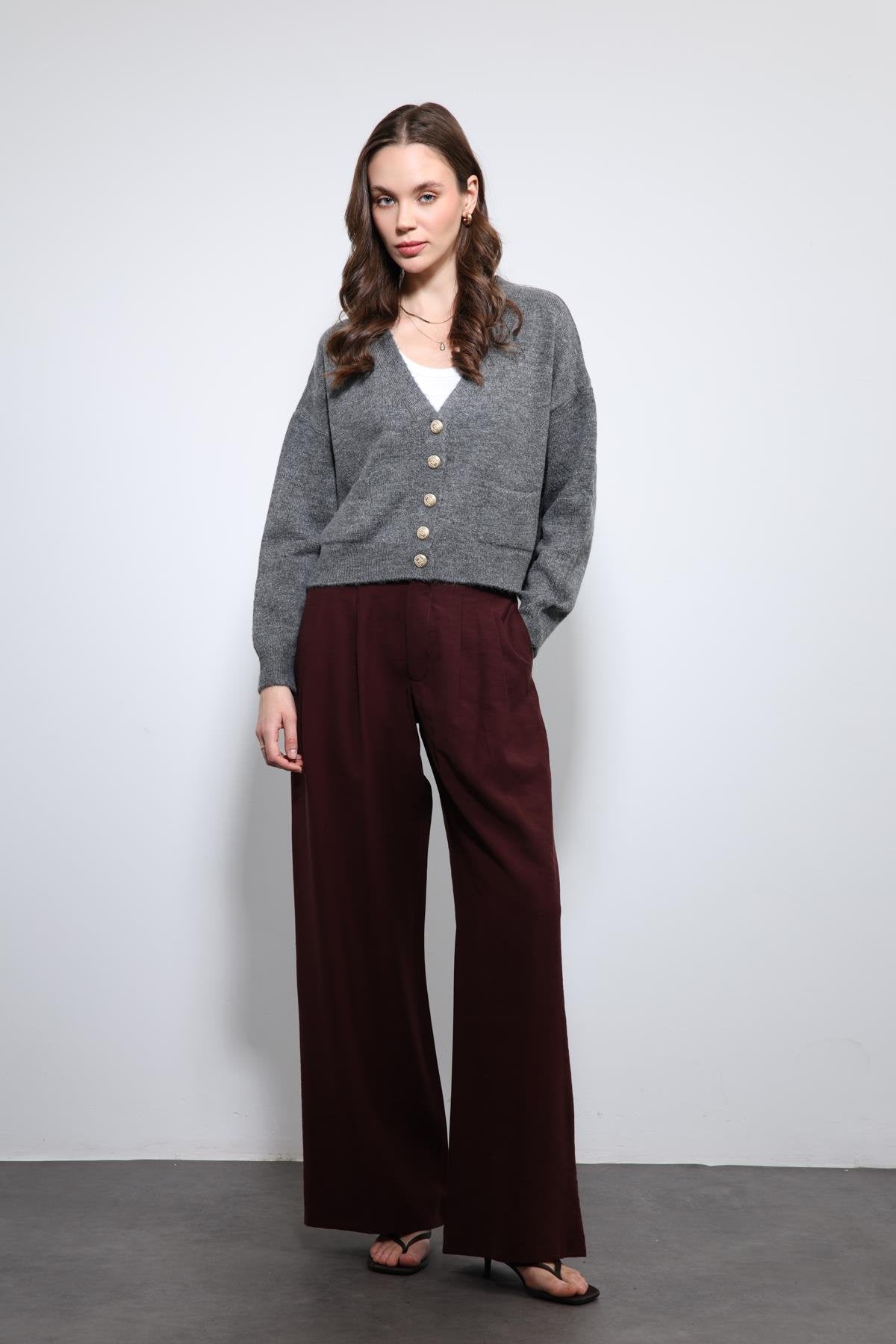 Antioch-Bordo Bel Lastikli Pileli Kadın Pantolon-Kumaş Pantolon-1-Milagron.com