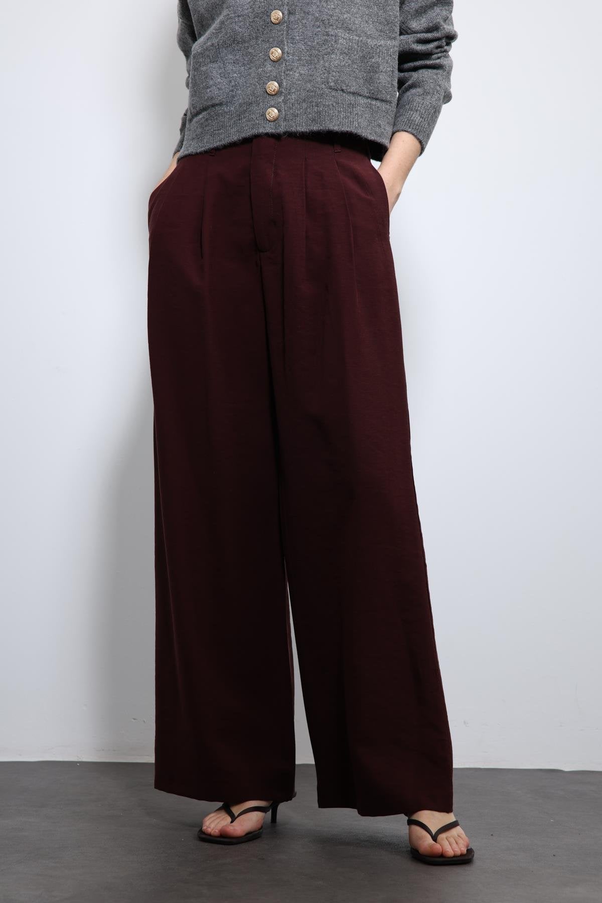 Antioch-Bordo Bel Lastikli Pileli Kadın Pantolon-Kumaş Pantolon-3-Milagron.com