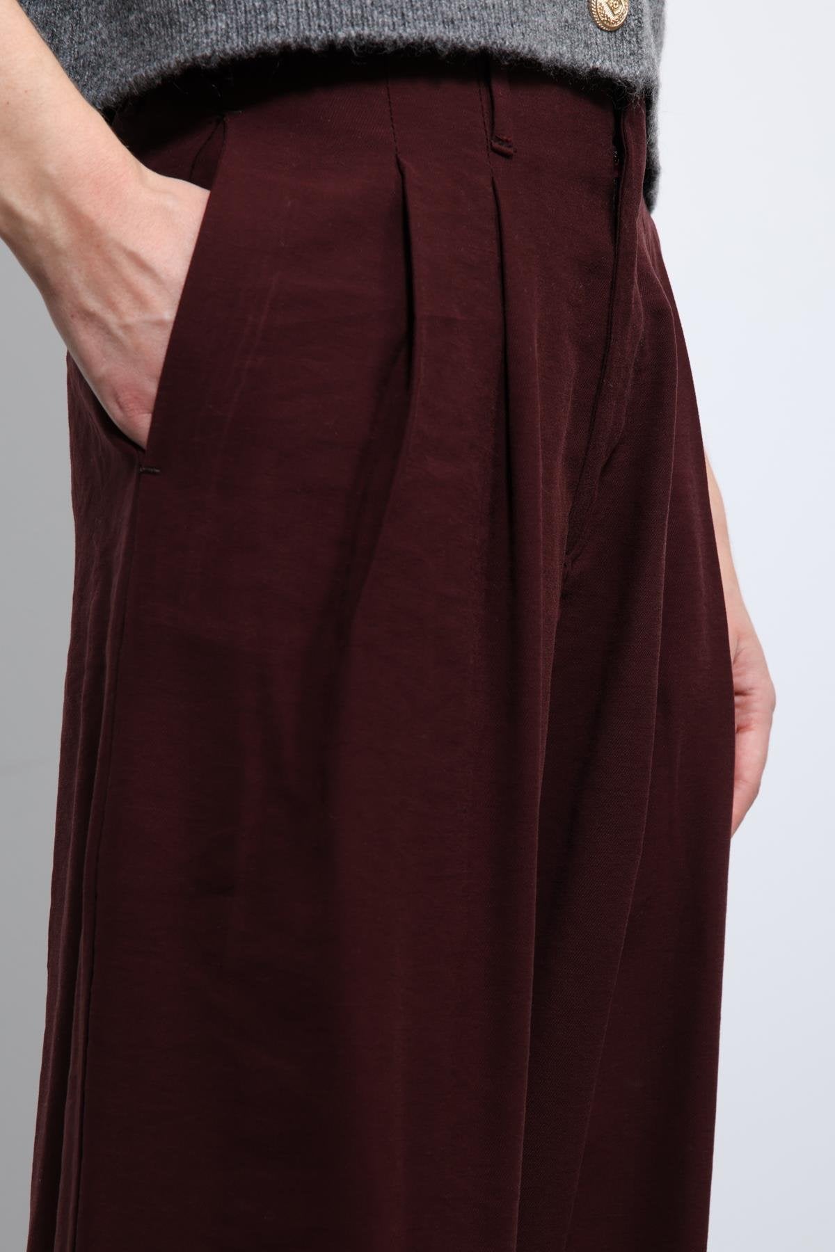 Antioch-Bordo Bel Lastikli Pileli Kadın Pantolon-Kumaş Pantolon-5-Milagron.com