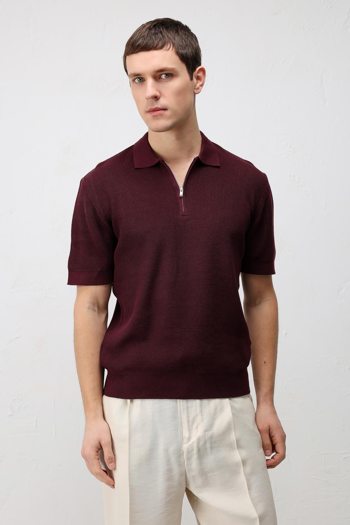 Antioch Bordo Comfort Slim Fermuarlı Erkek Triko T-Shirt