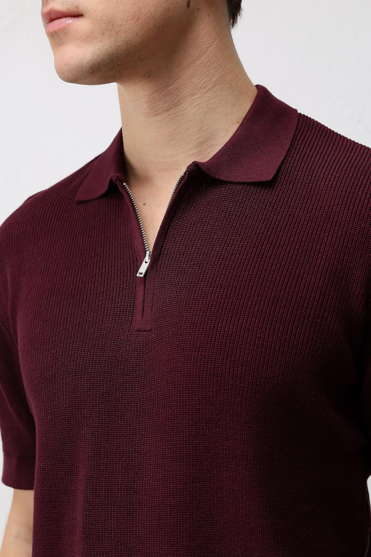 Antioch Bordo Comfort Slim Fermuarlı Erkek Triko T-Shirt