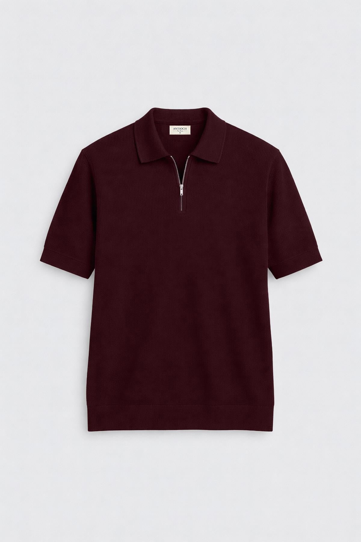 Antioch Bordo Comfort Slim Fermuarlı Erkek Triko T-Shirt