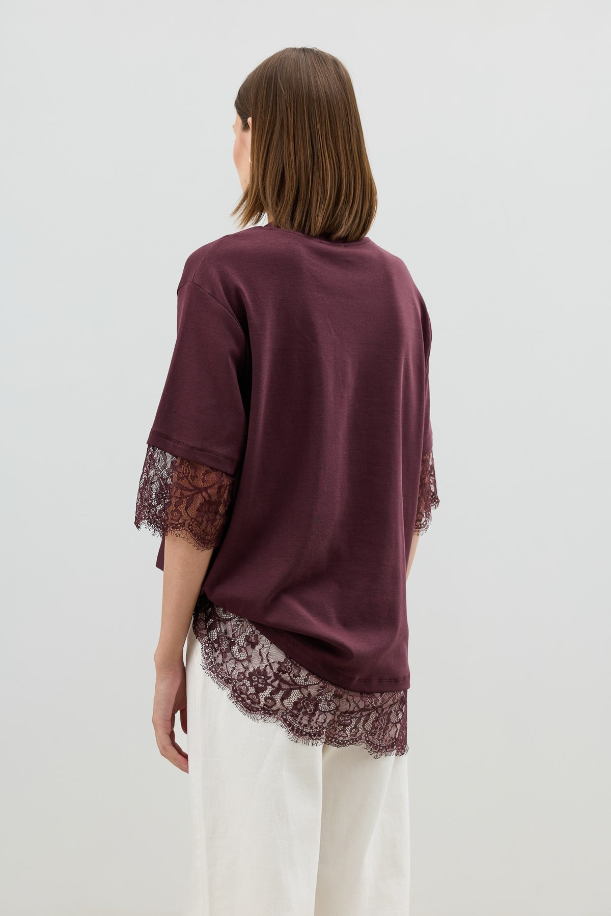 Antioch Bordo Dantel Detaylı Kadın T-Shirt