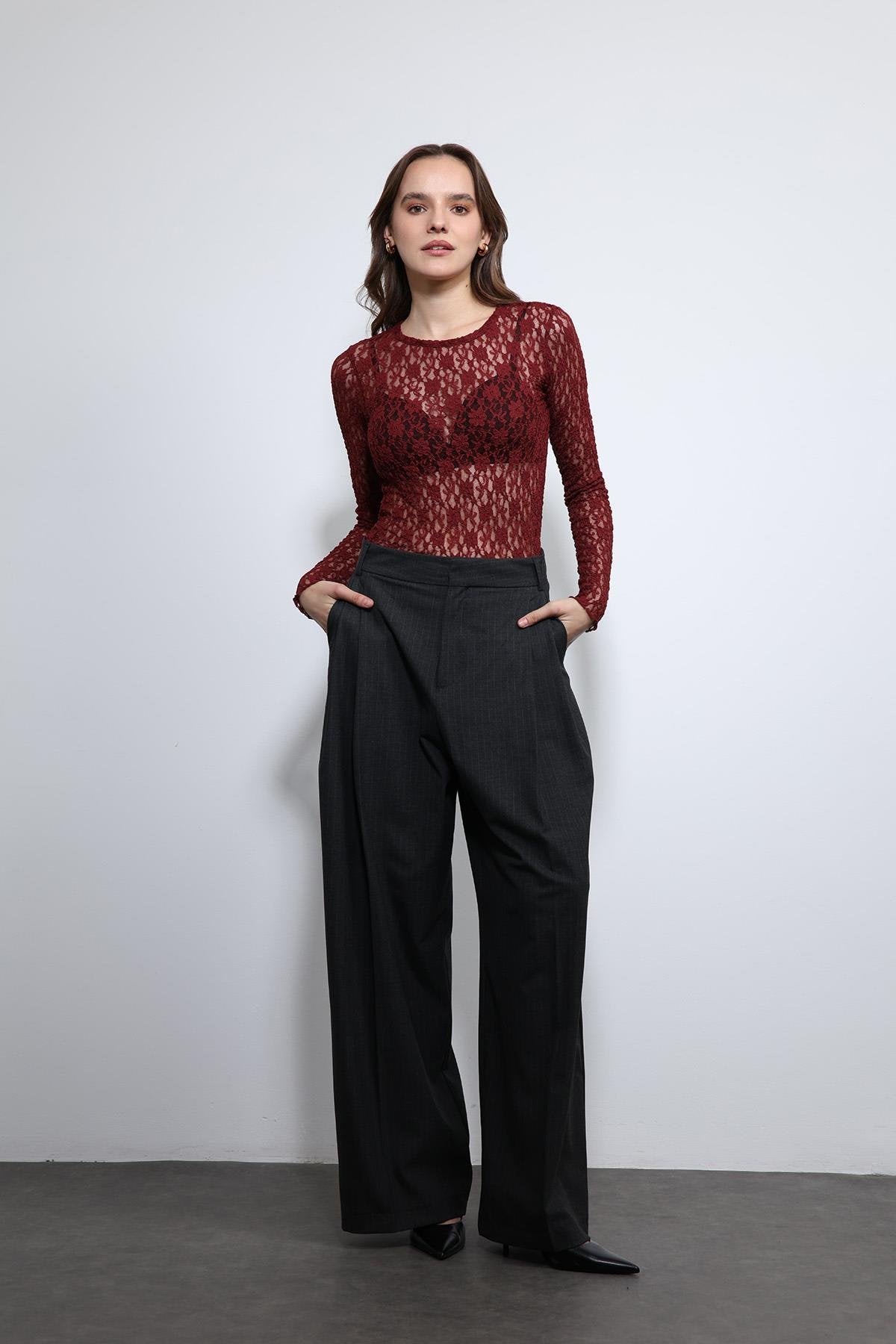 Antioch-Bordo Dantel Detaylı Transparan Bluz-Bluz-2-Milagron.com