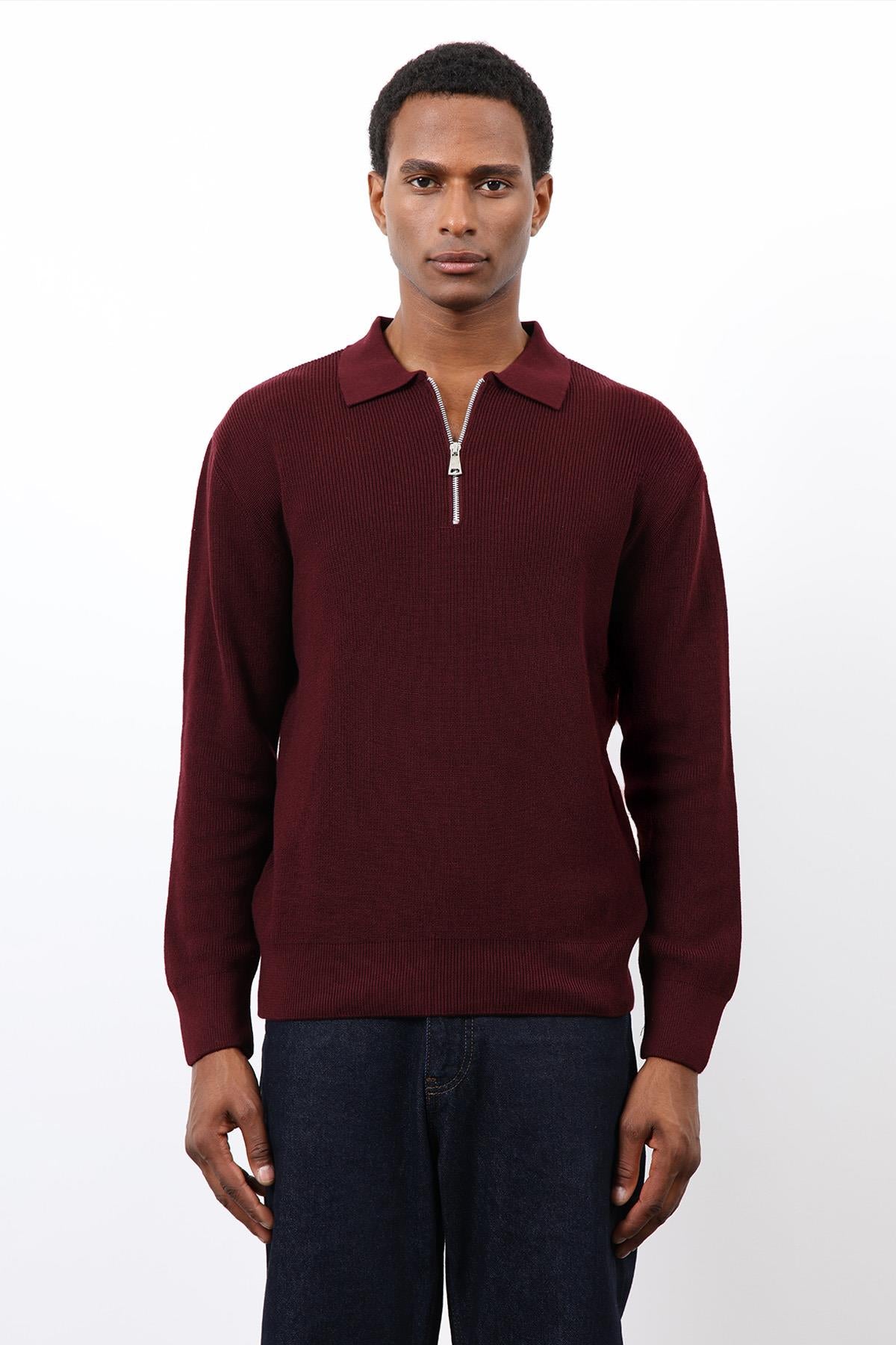 Antioch-Bordo Fermuarlı Erkek Triko Kazak-Kazak-3-Milagron.com