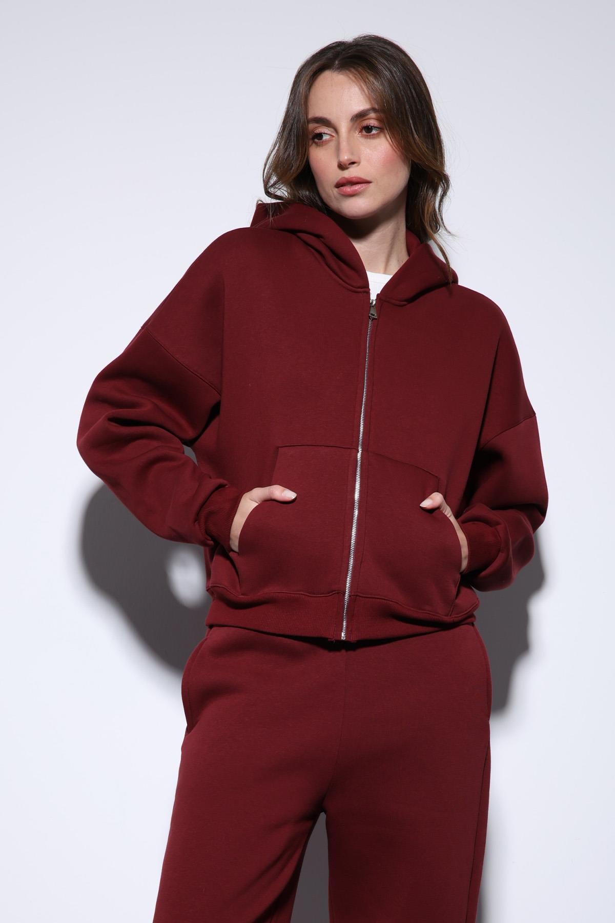 Antioch-Bordo Fermuarlı Kapüşanlı Kadın Sweatshirt-Sweatshirt-2-Milagron.com