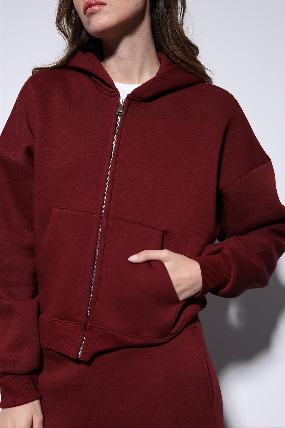 Antioch-Bordo Fermuarlı Kapüşanlı Kadın Sweatshirt-Sweatshirt-6-Milagron.com