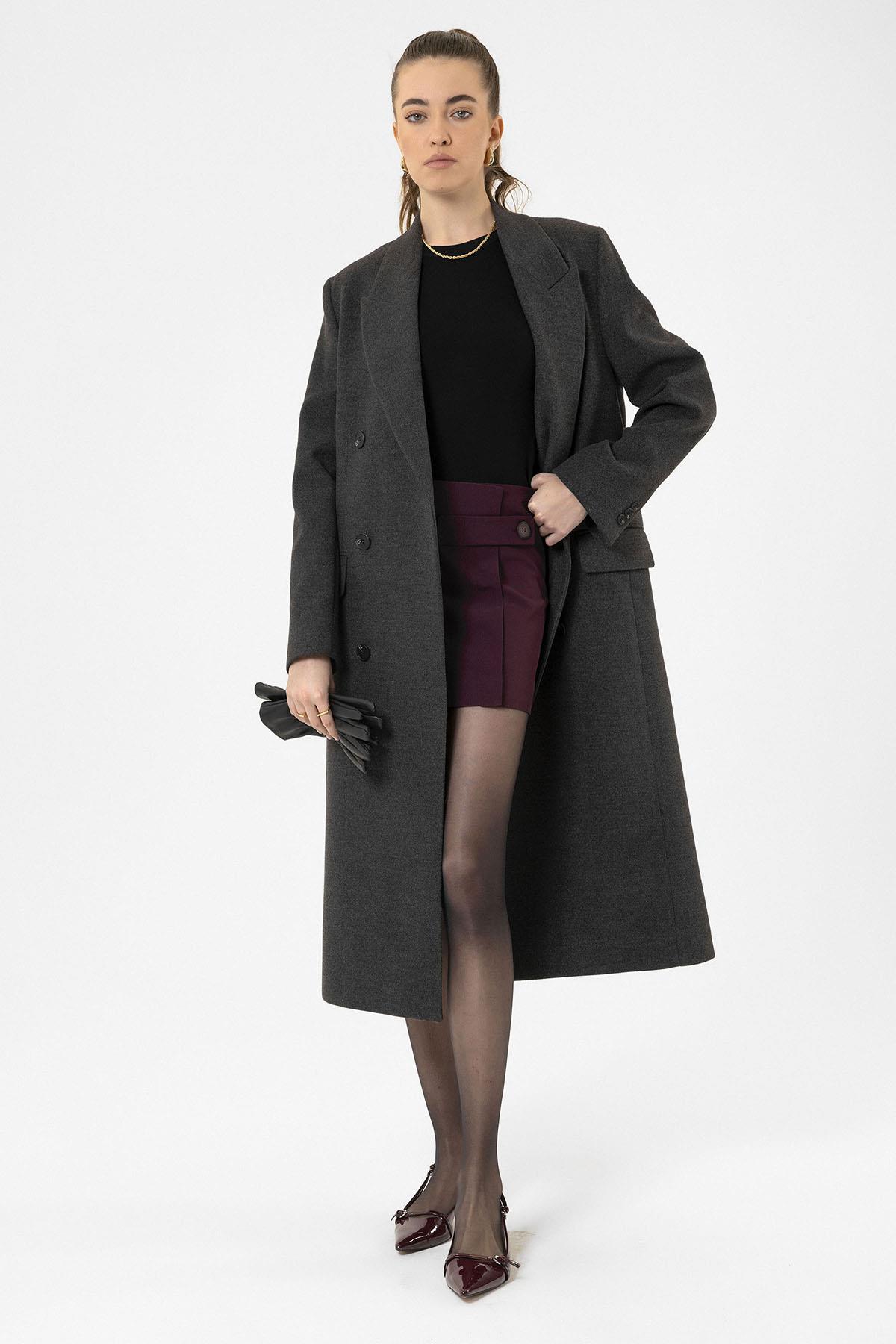 Antioch-Bordo Kadın Düğme Detaylı Mini Etek-Etek-6-Milagron.com