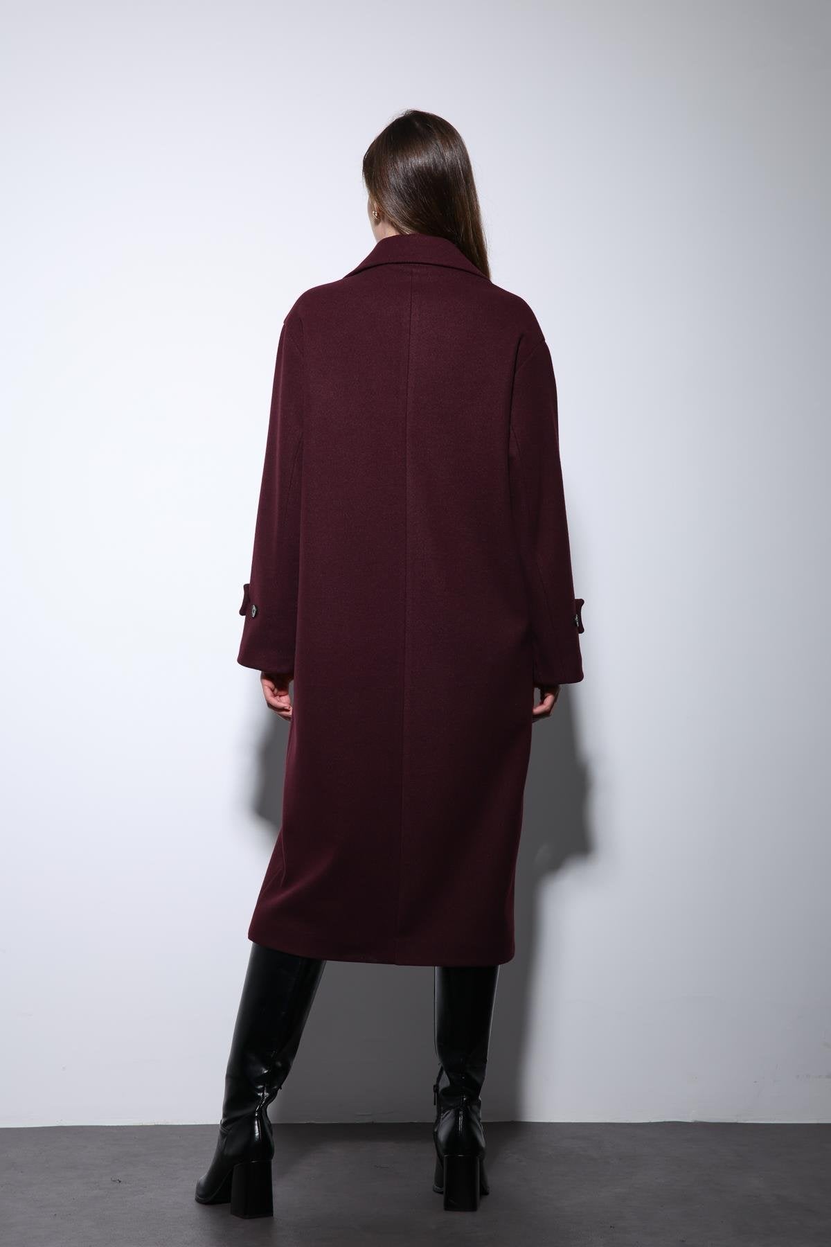 Antioch-Bordo Kadın Yumuşak Dokulu Oversize Kruvaze Kaban-Kaban-5-Milagron.com