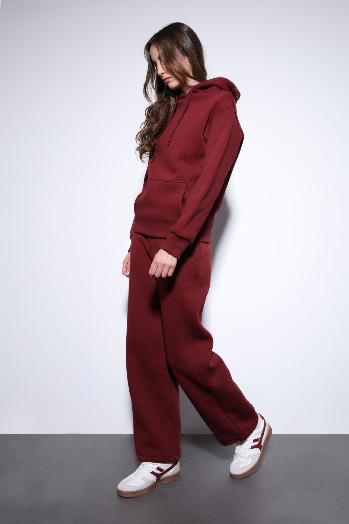 Antioch-Bordo Kapüşonlu Basic Kadın Sweatshirt-Sweatshirt-2-Milagron.com