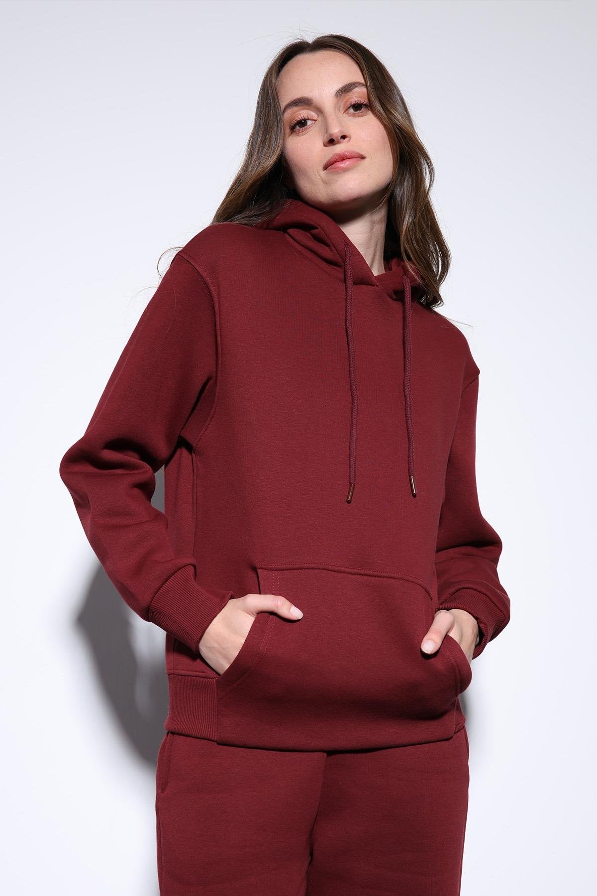 Antioch-Bordo Kapüşonlu Basic Kadın Sweatshirt-Sweatshirt-4-Milagron.com