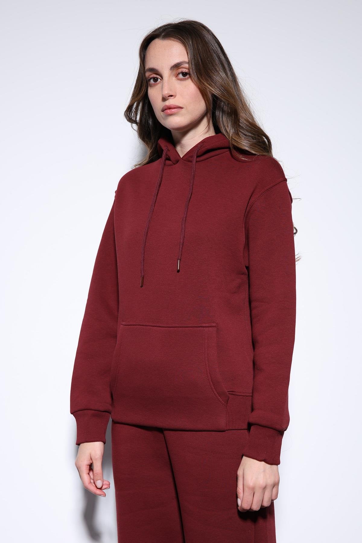 Antioch-Bordo Kapüşonlu Basic Kadın Sweatshirt-Sweatshirt-5-Milagron.com
