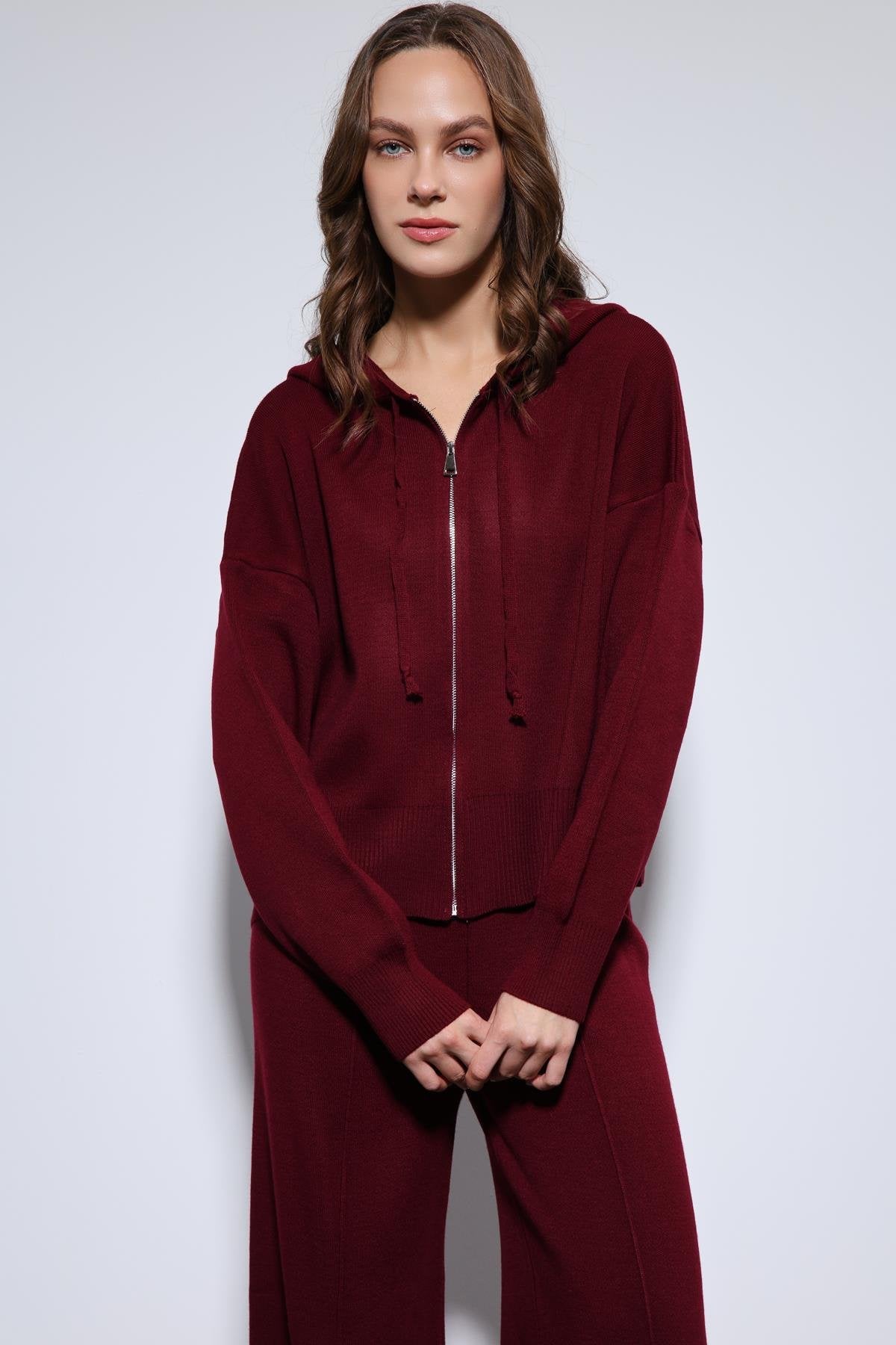 Antioch-Bordo Kapüşonlu üst Ve Geniş Paça Triko Takım-Takım-5-Milagron.com