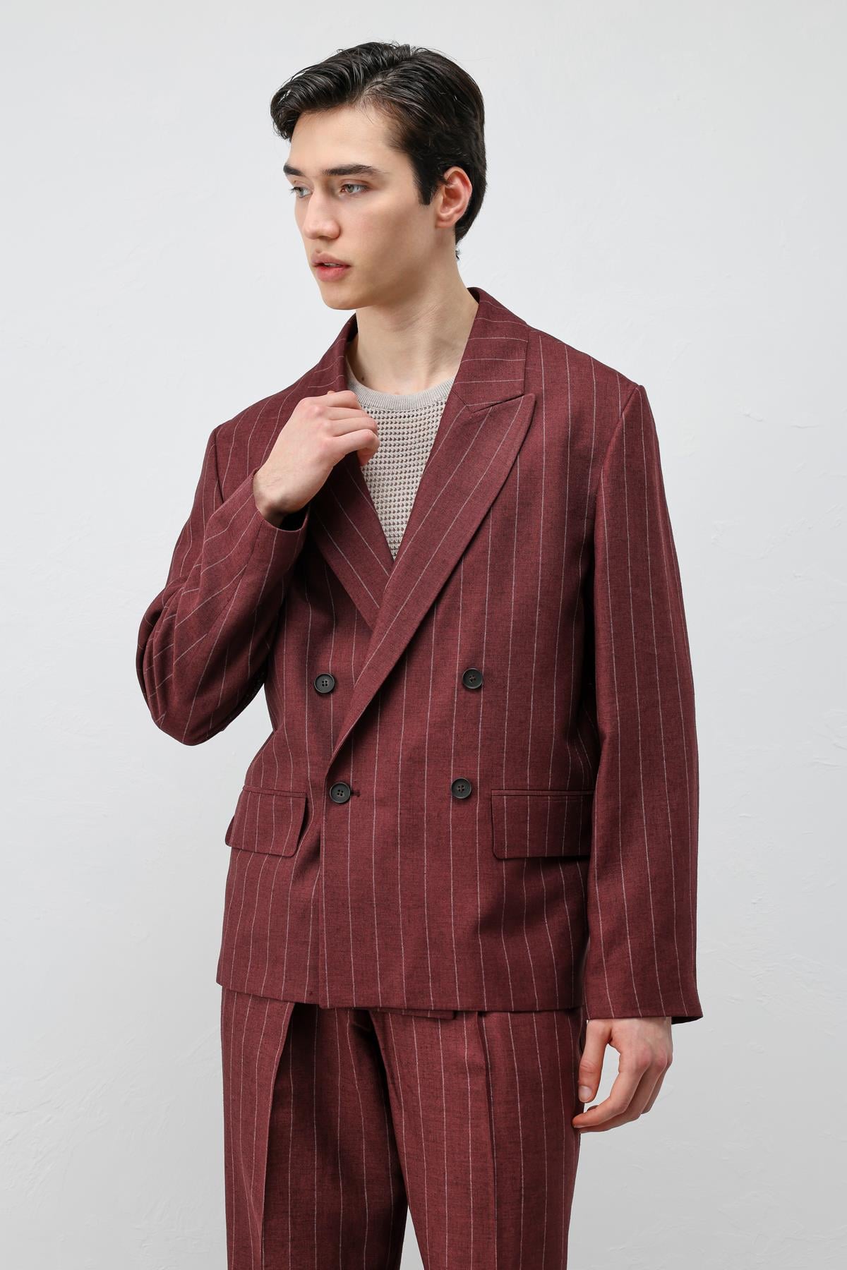 Antioch Bordo Keten Karışımlı Çizgili Erkek Blazer Ceket