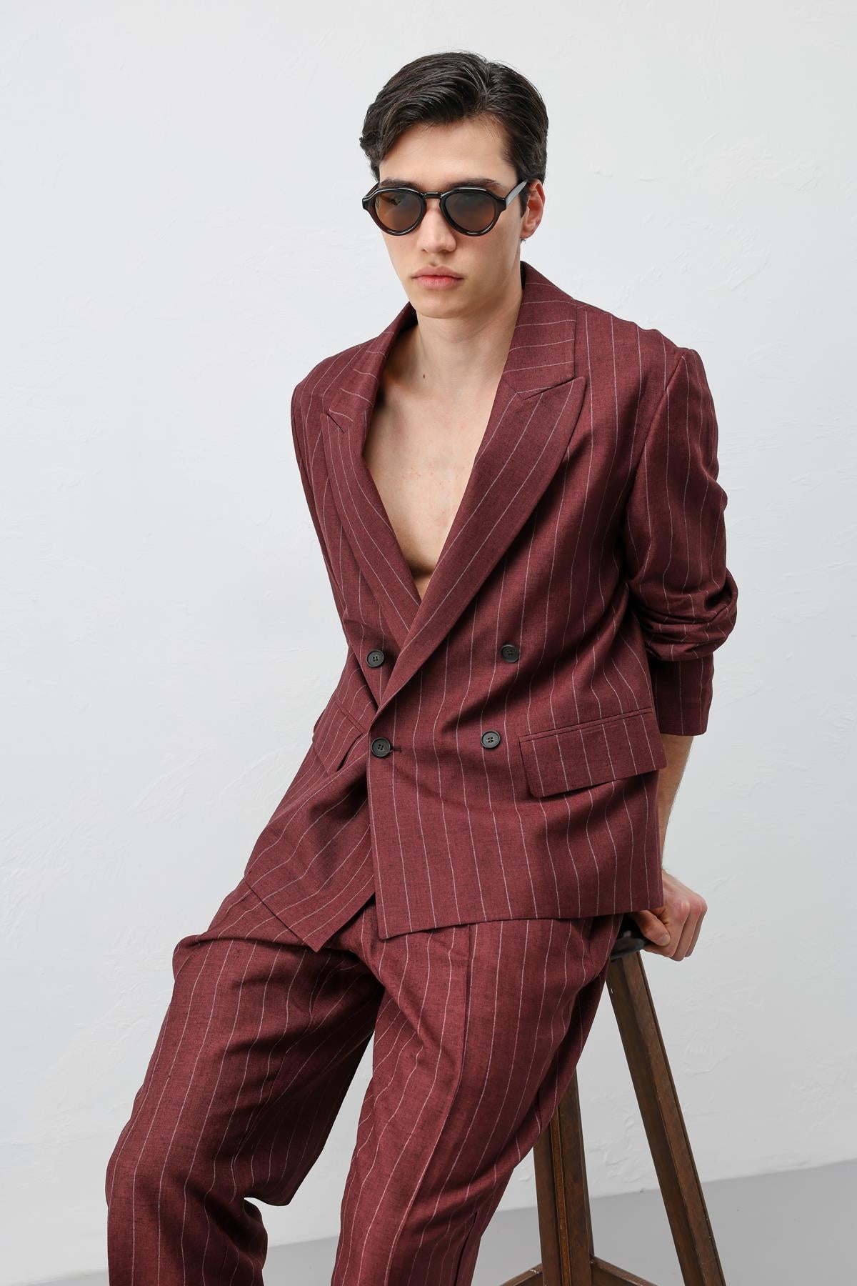 Antioch Bordo Keten Karışımlı Çizgili Erkek Blazer Ceket