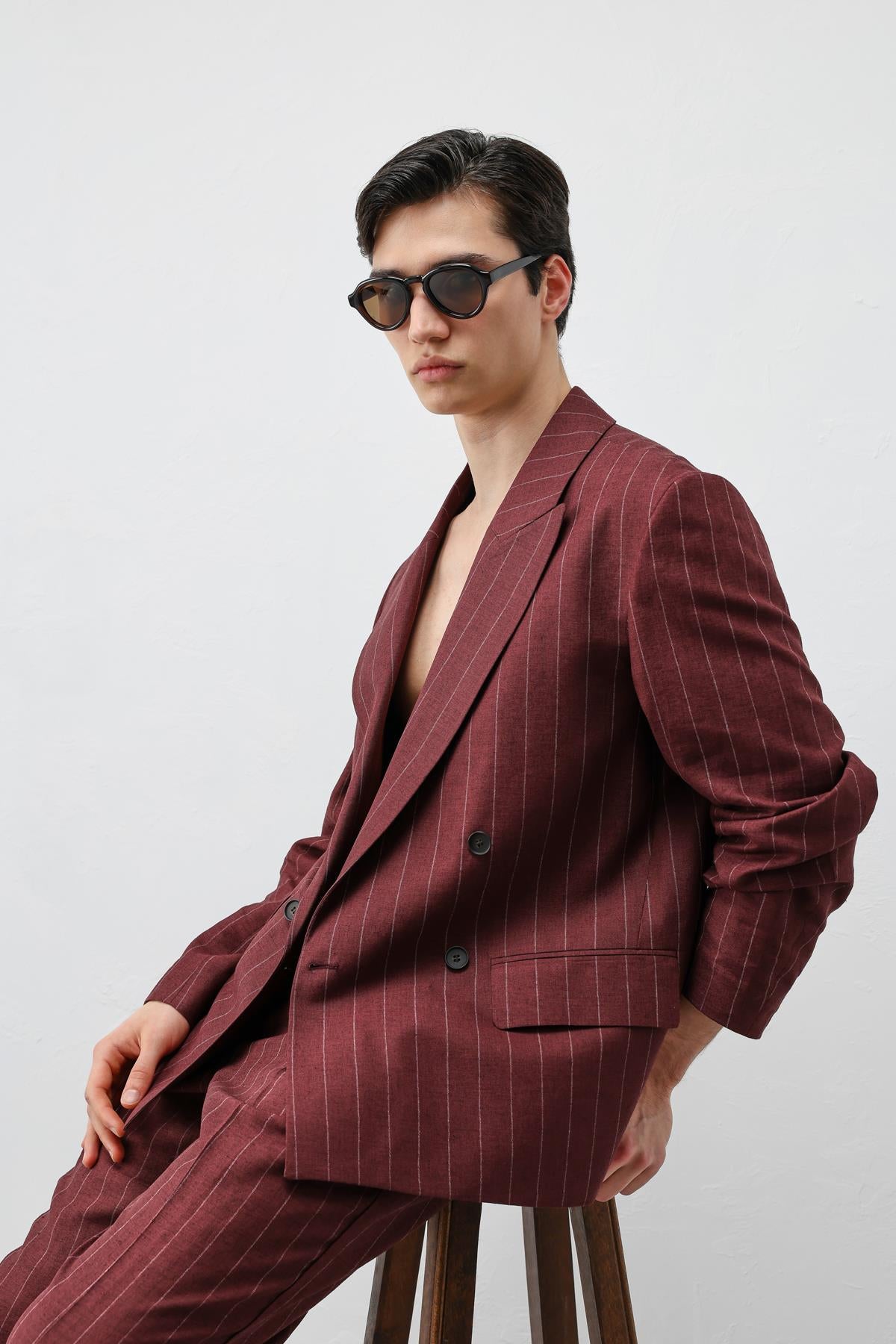 Antioch Bordo Keten Karışımlı Çizgili Erkek Blazer Ceket