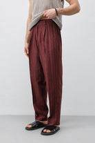 Antioch Bordo Keten Karışımlı Çizgili Erkek Pantolon