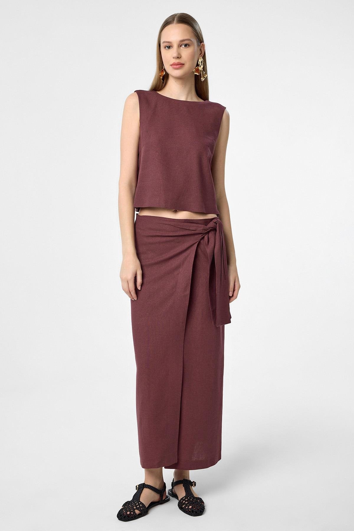 Antioch-Bordo Keten Karışımlı Kadın Bluz-Bluz-2-Milagron.com