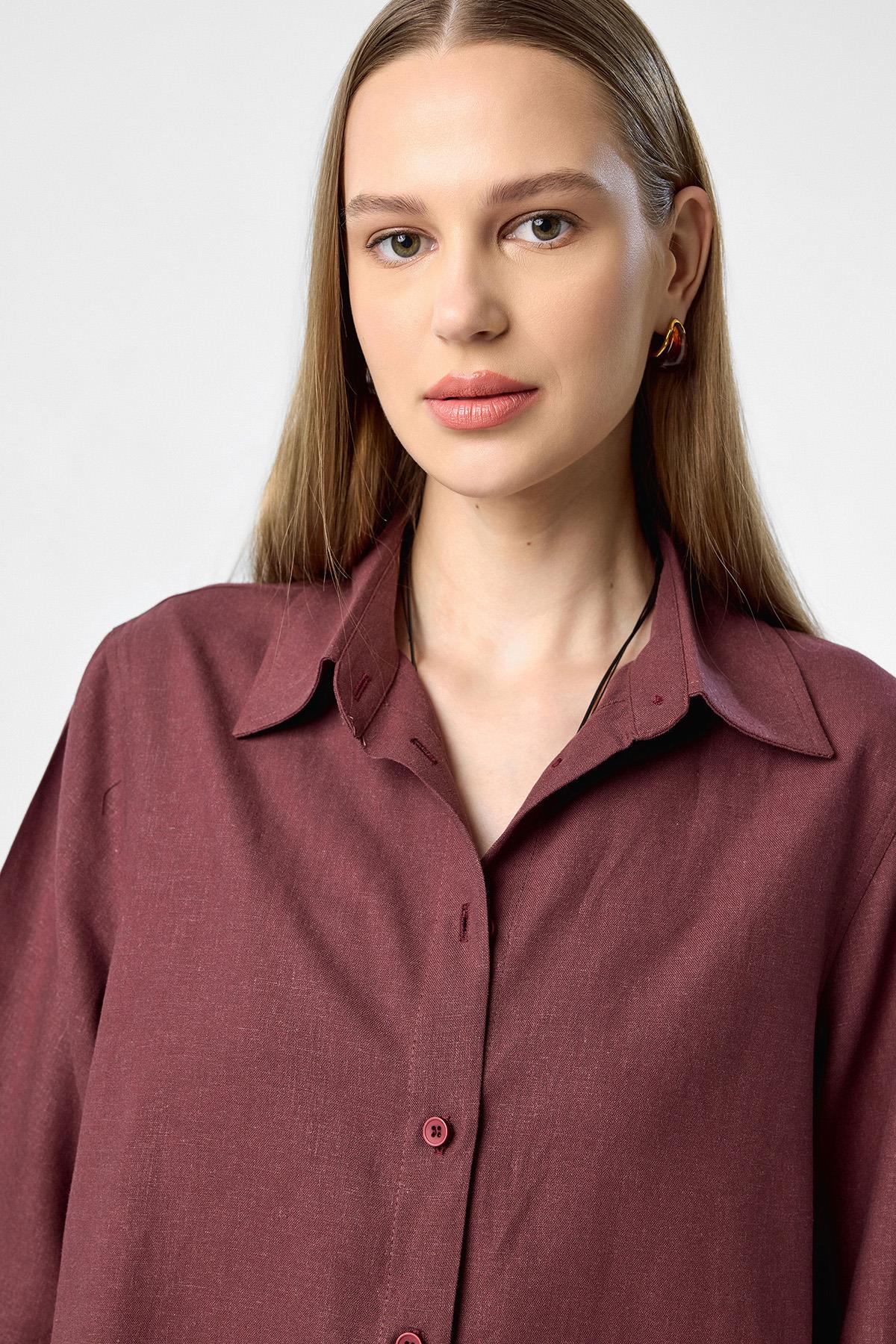 Antioch-Bordo Keten Karışımlı Kadın Gömlek-Gömlek-3-Milagron.com