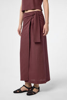 Antioch-Bordo Keten Karışımlı Kuşaklı Kadın Etek-Etek-1-Milagron.com