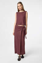 Antioch-Bordo Keten Karışımlı Kuşaklı Kadın Etek-Etek-2-Milagron.com