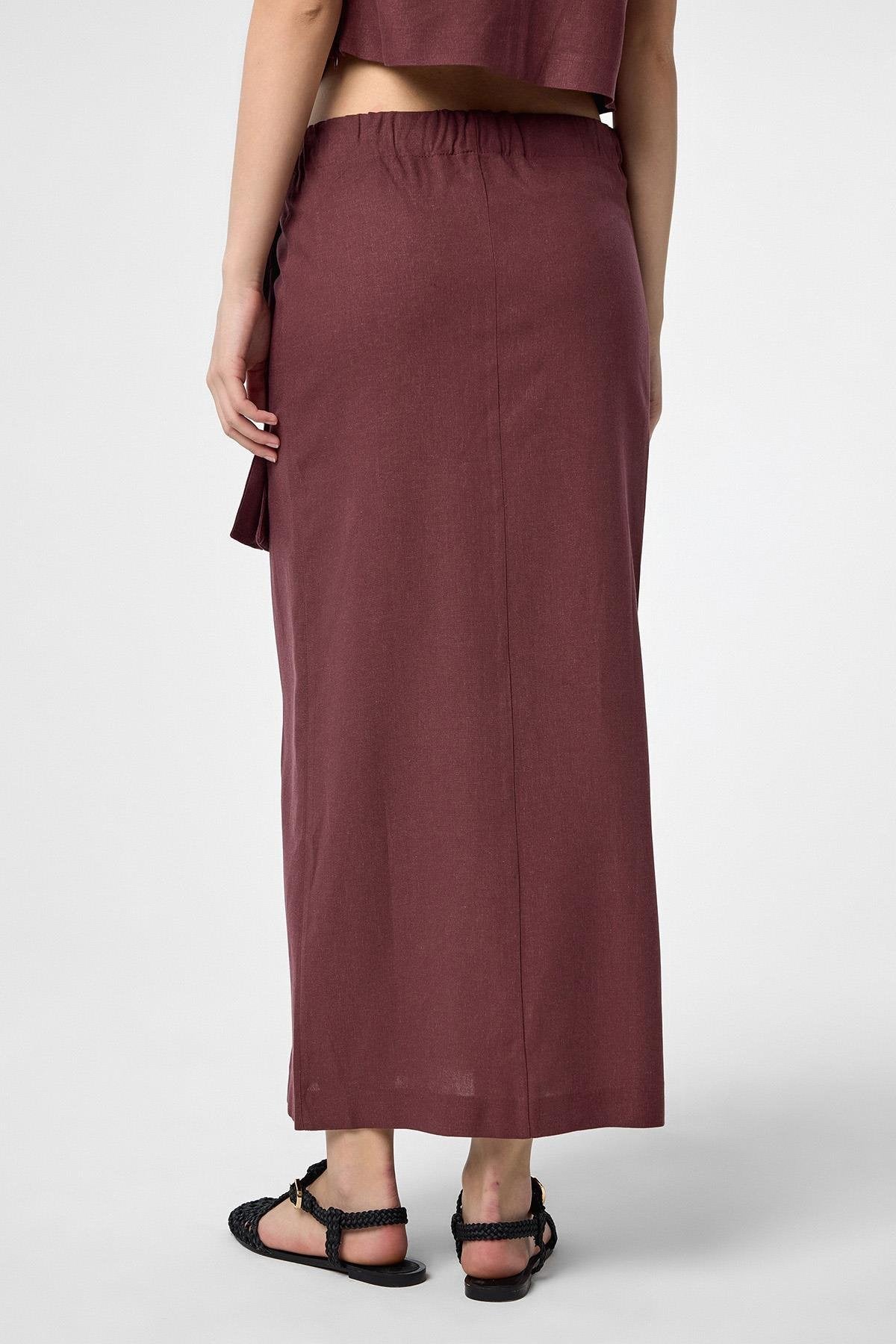 Antioch-Bordo Keten Karışımlı Kuşaklı Kadın Etek-Etek-4-Milagron.com