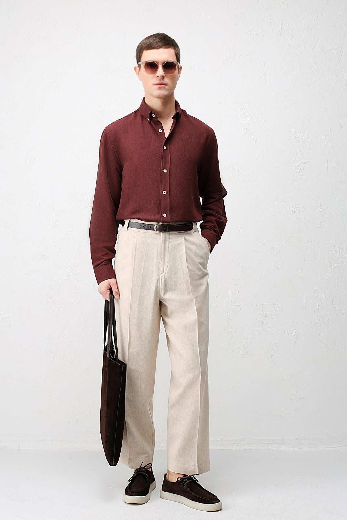 Antioch Bordo Keten Karışımlı Relaxed Fit Erkek Gömlek