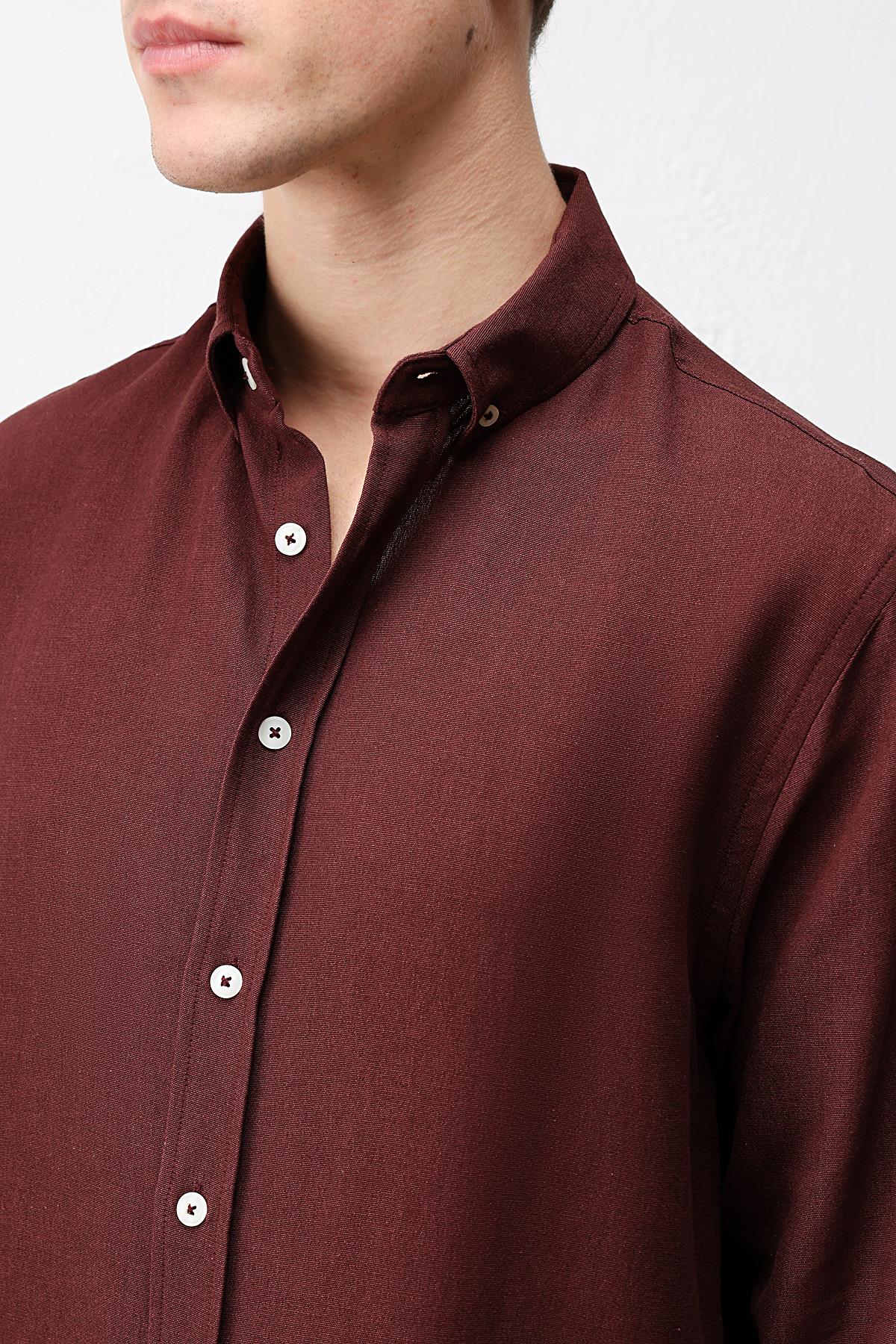 Antioch Bordo Keten Karışımlı Relaxed Fit Erkek Gömlek