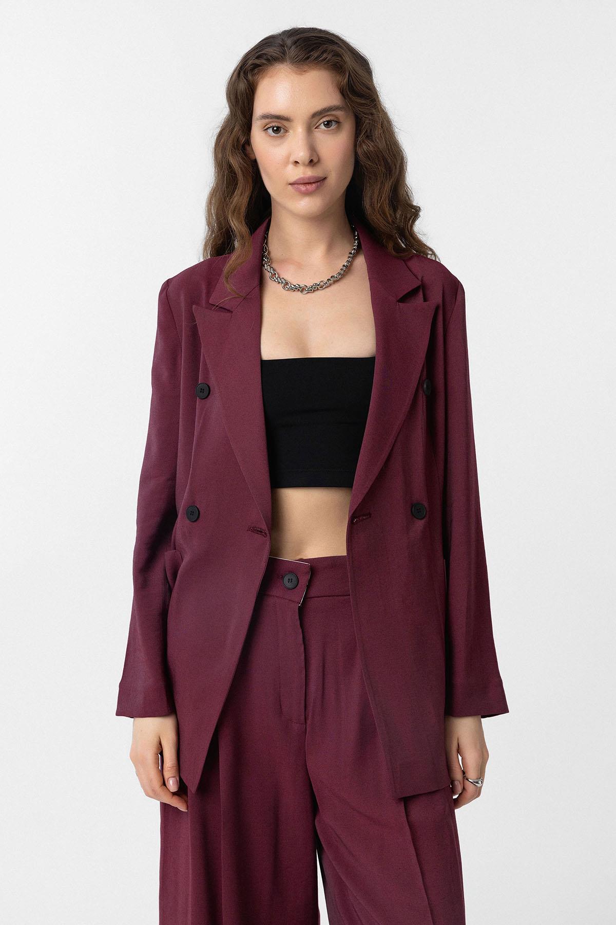 Antioch-Bordo Kruvaze Kadın Blazer Ceket-Blazer Ceket-3-Milagron.com