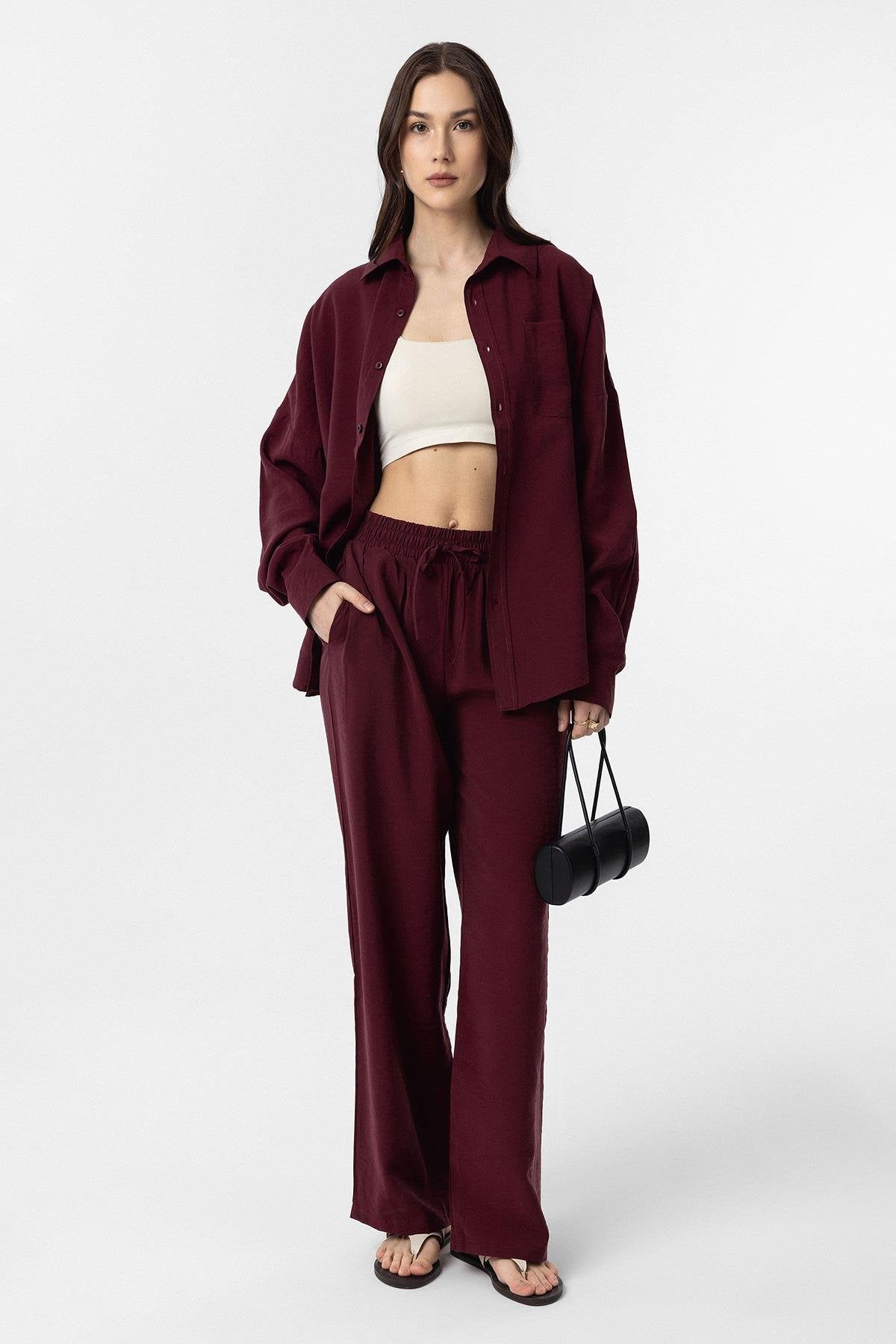 Antioch-Bordo Modal Kadın Gömlek Pantolon Takım-Alt - Üst Takım-1-Milagron.com