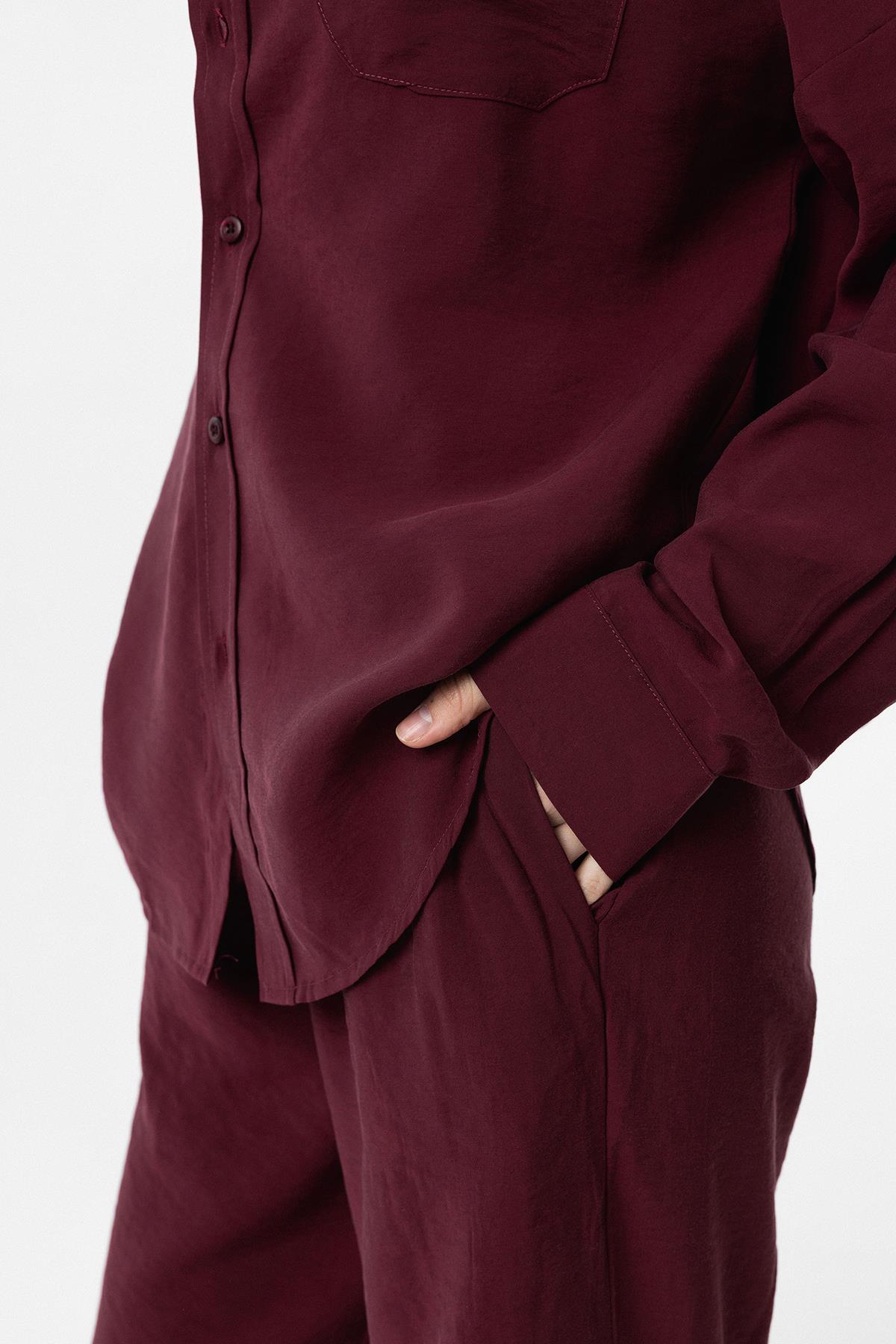 Antioch-Bordo Modal Kadın Gömlek Pantolon Takım-Alt - Üst Takım-3-Milagron.com