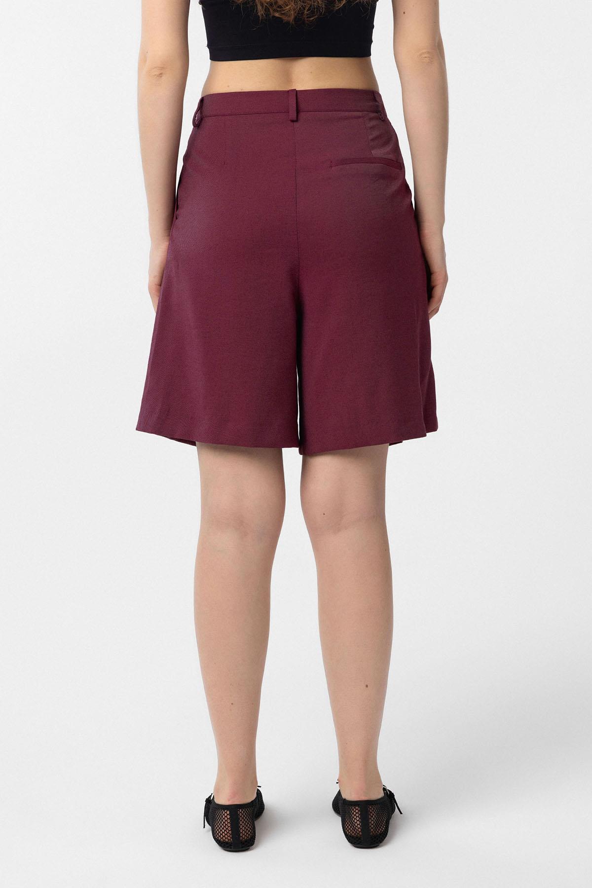 Antioch-Bordo Pilili Kadın Bermuda Şort-Kumaş Pantolon-4-Milagron.com